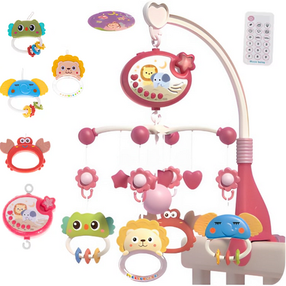 Carusel Interactiv Multifunctional Animal Song idealSTORE, Include Proiector de Veghe cu Stelute Diferite Pandantive cu Animale Multicolore Rotire 360 grade, Echipat cu 40 de Melodii Diferite, Buton pentru Reglarea Sunetului, Roz