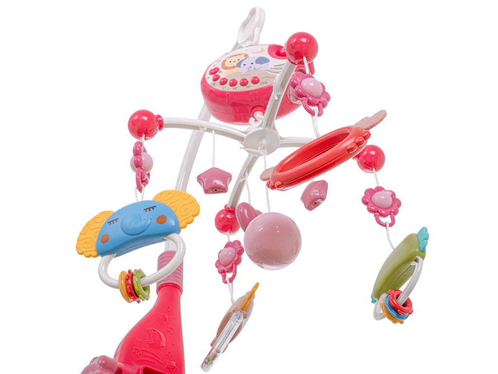 Carusel Interactiv Multifunctional Animal Song idealSTORE, Include Proiector de Veghe cu Stelute Diferite Pandantive cu Animale Multicolore Rotire 360 grade, Echipat cu 40 de Melodii Diferite, Buton pentru Reglarea Sunetului, Roz