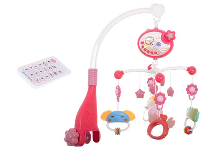 Carusel Interactiv Multifunctional Animal Song idealSTORE, Include Proiector de Veghe cu Stelute Diferite Pandantive cu Animale Multicolore Rotire 360 grade, Echipat cu 40 de Melodii Diferite, Buton pentru Reglarea Sunetului, Roz