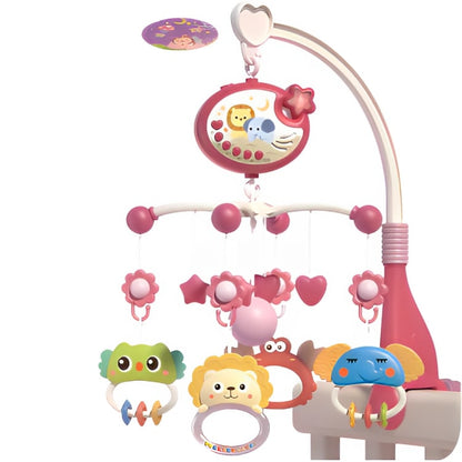 Carusel Interactiv Multifunctional Animal Song idealSTORE, Include Proiector de Veghe cu Stelute Diferite Pandantive cu Animale Multicolore Rotire 360 grade, Echipat cu 40 de Melodii Diferite, Buton pentru Reglarea Sunetului, Roz