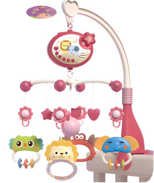 Carusel Interactiv Multifunctional Animal Song idealSTORE, Include Proiector de Veghe cu Stelute Diferite Pandantive cu Animale Multicolore Rotire 360 grade, Echipat cu 40 de Melodii Diferite, Buton pentru Reglarea Sunetului, Roz
