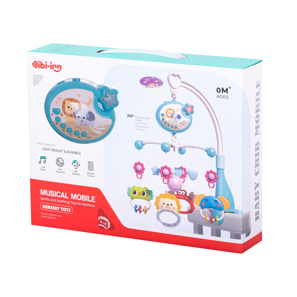 Carusel multifunctional pentru patut: Cantece leagan, Proiectie Imagini, Rotire 360 grade si Telecomanda - Albastru