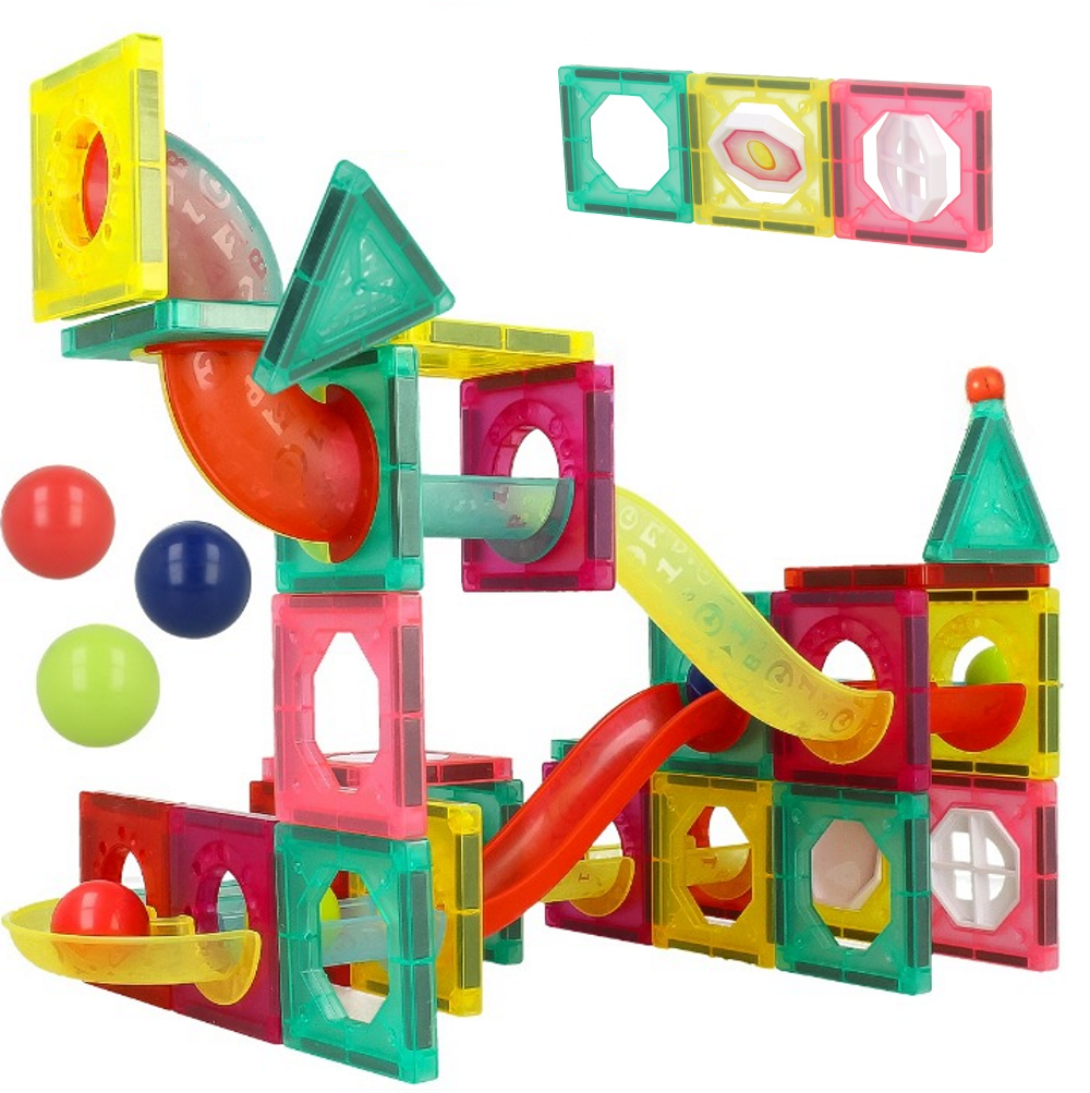 Set Inteligent de Constructie Ball Track Slide 3D idealSTORE, Include 78 de Elemente Magnetice Multicolore 2 Tobogane 8 Mingii Posibilitatea de a creea Piste de Bile, Educativ- Creativ, Magneti Puternici Neodim, Stimuleaza Gandirea
