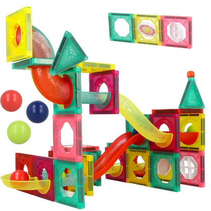 Set Inteligent de Constructie Ball Track Slide 3D idealSTORE, Include 78 de Elemente Magnetice Multicolore 2 Tobogane 8 Mingii Posibilitatea de a creea Piste de Bile, Educativ- Creativ, Magneti Puternici Neodim, Stimuleaza Gandirea
