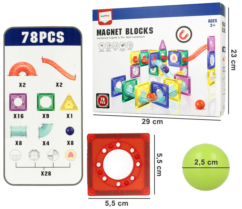Set Inteligent de Constructie Ball Track Slide 3D idealSTORE, Include 78 de Elemente Magnetice Multicolore 2 Tobogane 8 Mingii Posibilitatea de a creea Piste de Bile, Educativ- Creativ, Magneti Puternici Neodim, Stimuleaza Gandirea