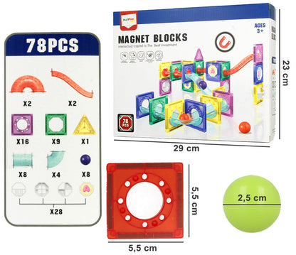 Set Inteligent de Constructie Ball Track Slide 3D idealSTORE, Include 78 de Elemente Magnetice Multicolore 2 Tobogane 8 Mingii Posibilitatea de a creea Piste de Bile, Educativ- Creativ, Magneti Puternici Neodim, Stimuleaza Gandirea