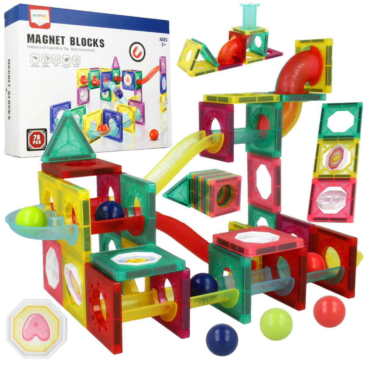 Set Inteligent de Constructie Ball Track Slide 3D idealSTORE, Include 78 de Elemente Magnetice Multicolore 2 Tobogane 8 Mingii Posibilitatea de a creea Piste de Bile, Educativ- Creativ, Magneti Puternici Neodim, Stimuleaza Gandirea