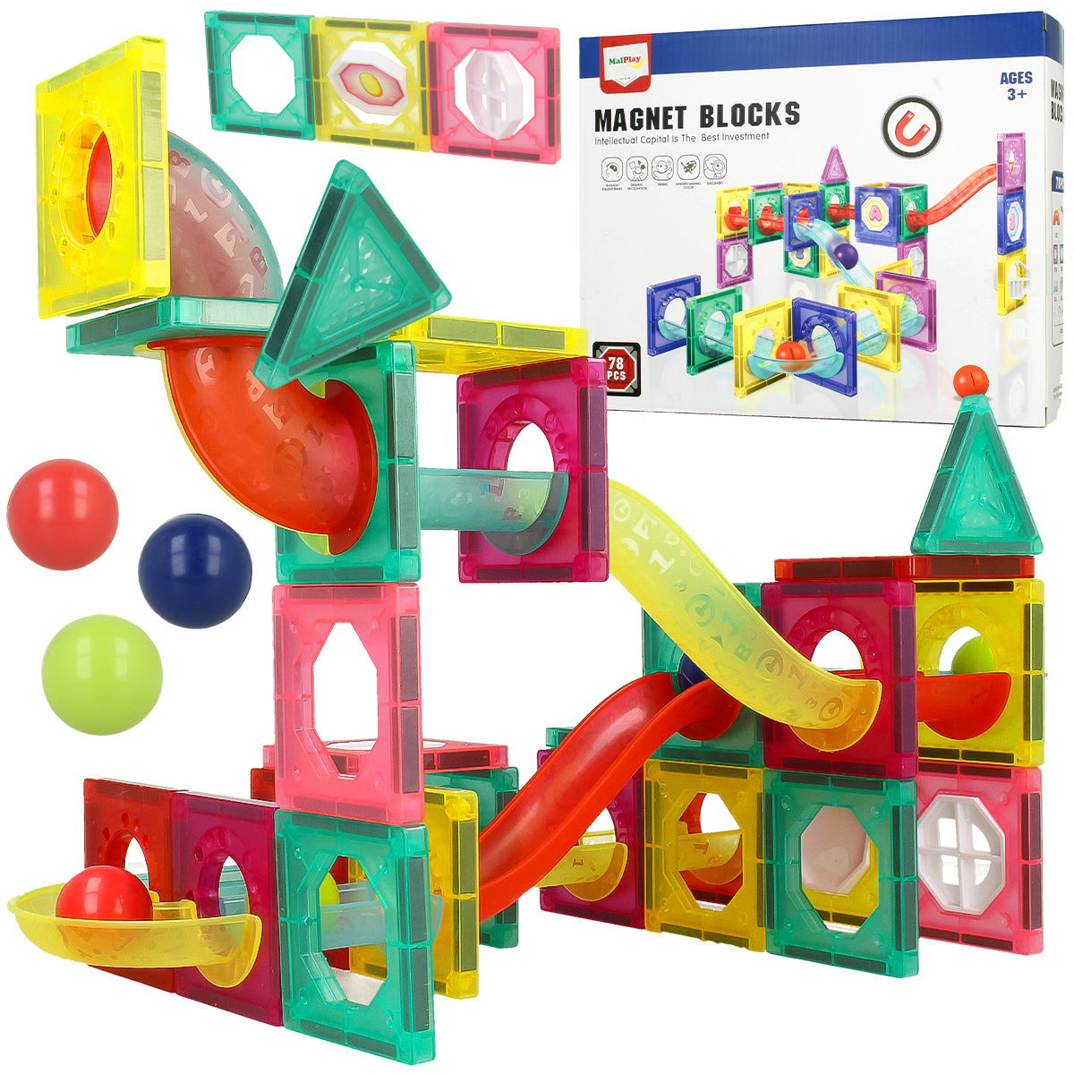 Set Inteligent de Constructie Ball Track Slide 3D idealSTORE, Include 78 de Elemente Magnetice Multicolore 2 Tobogane 8 Mingii Posibilitatea de a creea Piste de Bile, Educativ- Creativ, Magneti Puternici Neodim, Stimuleaza Gandirea