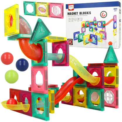 Set Inteligent de Constructie Ball Track Slide 3D idealSTORE, Include 78 de Elemente Magnetice Multicolore 2 Tobogane 8 Mingii Posibilitatea de a creea Piste de Bile, Educativ- Creativ, Magneti Puternici Neodim, Stimuleaza Gandirea