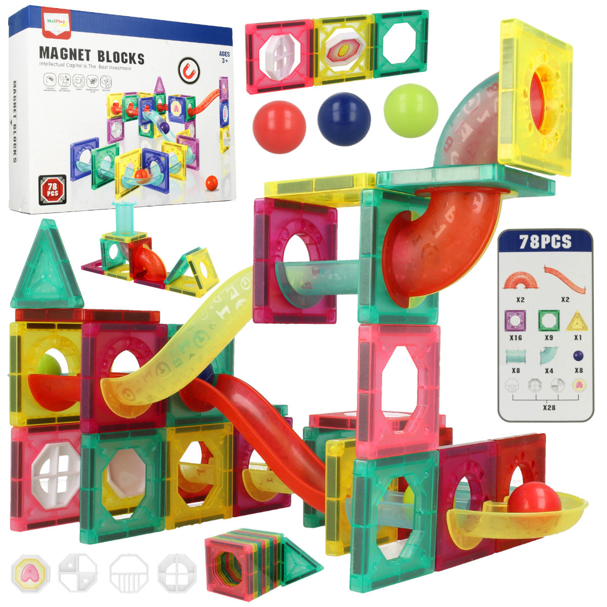 Set Inteligent de Constructie Ball Track Slide 3D idealSTORE, Include 78 de Elemente Magnetice Multicolore 2 Tobogane 8 Mingii Posibilitatea de a creea Piste de Bile, Educativ- Creativ, Magneti Puternici Neodim, Stimuleaza Gandirea