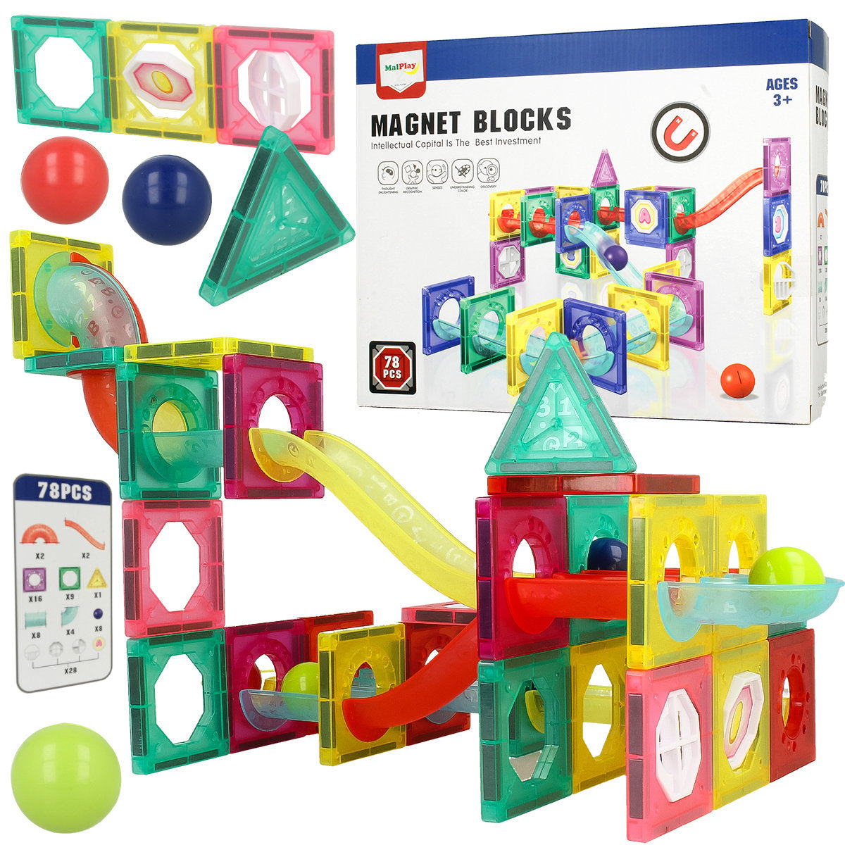 Set Inteligent de Constructie Ball Track Slide 3D idealSTORE, Include 78 de Elemente Magnetice Multicolore 2 Tobogane 8 Mingii Posibilitatea de a creea Piste de Bile, Educativ- Creativ, Magneti Puternici Neodim, Stimuleaza Gandirea