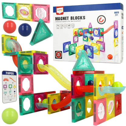 Set Inteligent de Constructie Ball Track Slide 3D idealSTORE, Include 78 de Elemente Magnetice Multicolore 2 Tobogane 8 Mingii Posibilitatea de a creea Piste de Bile, Educativ- Creativ, Magneti Puternici Neodim, Stimuleaza Gandirea
