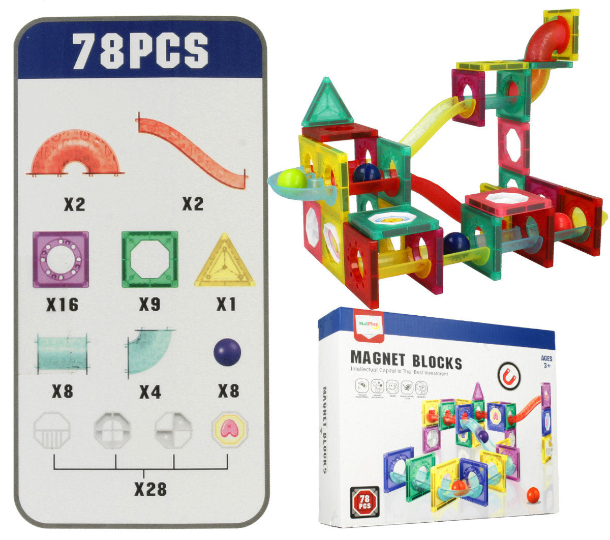 Set Inteligent de Constructie Ball Track Slide 3D idealSTORE, Include 78 de Elemente Magnetice Multicolore 2 Tobogane 8 Mingii Posibilitatea de a creea Piste de Bile, Educativ- Creativ, Magneti Puternici Neodim, Stimuleaza Gandirea