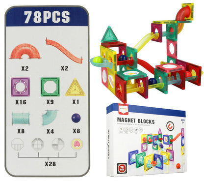 Set Inteligent de Constructie Ball Track Slide 3D idealSTORE, Include 78 de Elemente Magnetice Multicolore 2 Tobogane 8 Mingii Posibilitatea de a creea Piste de Bile, Educativ- Creativ, Magneti Puternici Neodim, Stimuleaza Gandirea