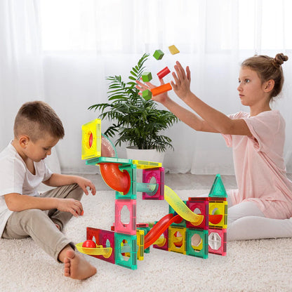 Set Inteligent de Constructie Ball Track Slide 3D idealSTORE, Include 78 de Elemente Magnetice Multicolore 2 Tobogane 8 Mingii Posibilitatea de a creea Piste de Bile, Educativ- Creativ, Magneti Puternici Neodim, Stimuleaza Gandirea