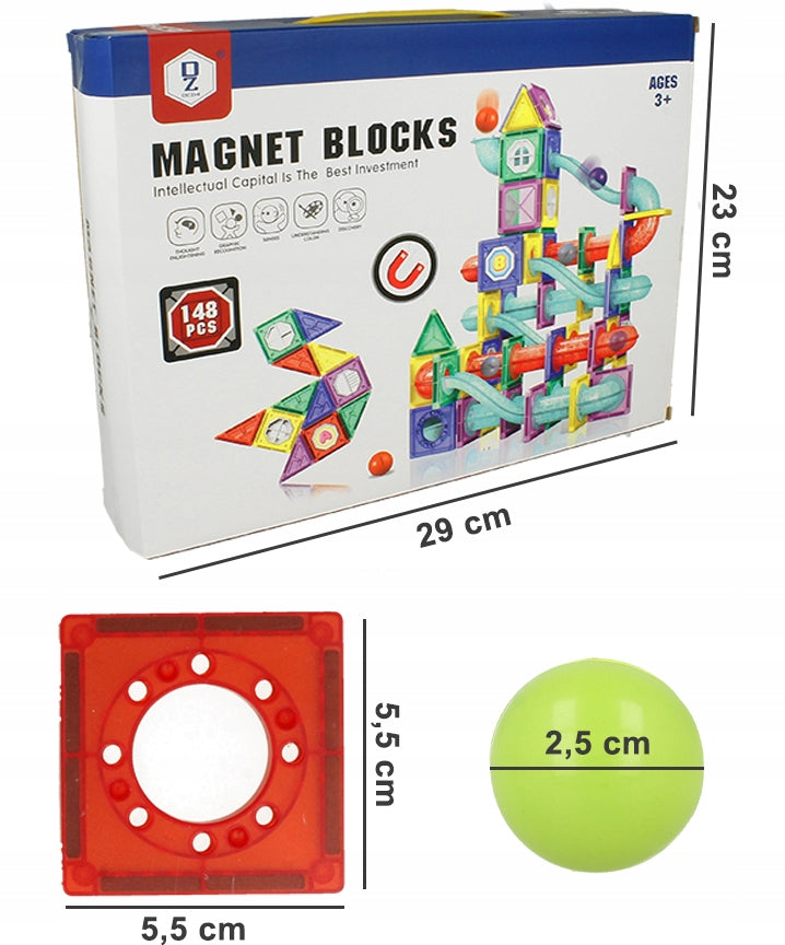 Set Inteligent de Constructie Ball Track Kulodrome Slide 3D idealSTORE, Include 148 de Elemente Magnetice Multicolore, 4 Tobogane, 10 Mingii, Posibilitatea de a Construi Diferite Structuri, Educativ- Creativ, Magneti Neodim