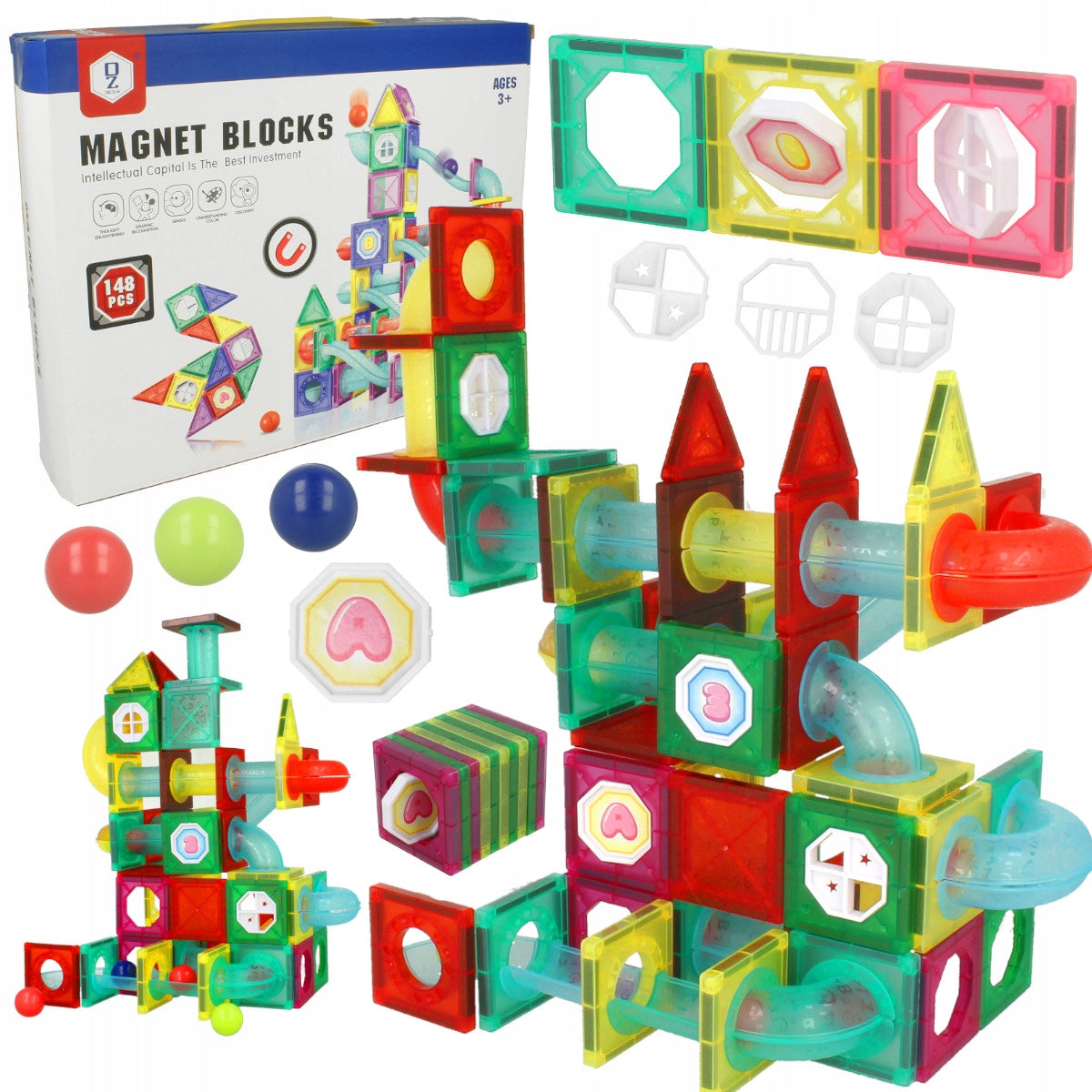 Set Inteligent de Constructie Ball Track Kulodrome Slide 3D idealSTORE, Include 148 de Elemente Magnetice Multicolore, 4 Tobogane, 10 Mingii, Posibilitatea de a Construi Diferite Structuri, Educativ- Creativ, Magneti Neodim