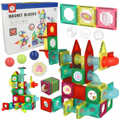 Set Inteligent de Constructie Ball Track Kulodrome Slide 3D idealSTORE, Include 148 de Elemente Magnetice Multicolore, 4 Tobogane, 10 Mingii, Posibilitatea de a Construi Diferite Structuri, Educativ- Creativ, Magneti Neodim