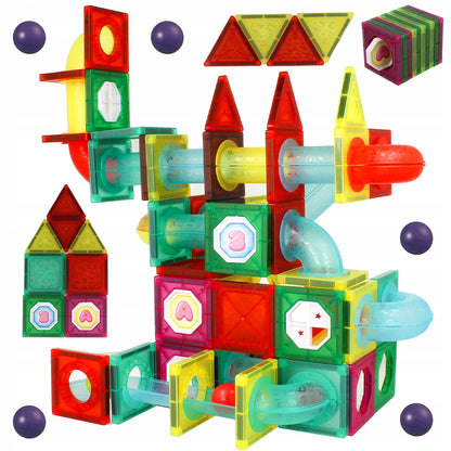 Set Inteligent de Constructie Ball Track Kulodrome Slide 3D idealSTORE, Include 148 de Elemente Magnetice Multicolore, 4 Tobogane, 10 Mingii, Posibilitatea de a Construi Diferite Structuri, Educativ- Creativ, Magneti Neodim
