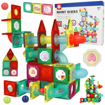 Set Inteligent de Constructie Ball Track Kulodrome Slide 3D idealSTORE, Include 148 de Elemente Magnetice Multicolore, 4 Tobogane, 10 Mingii, Posibilitatea de a Construi Diferite Structuri, Educativ- Creativ, Magneti Neodim