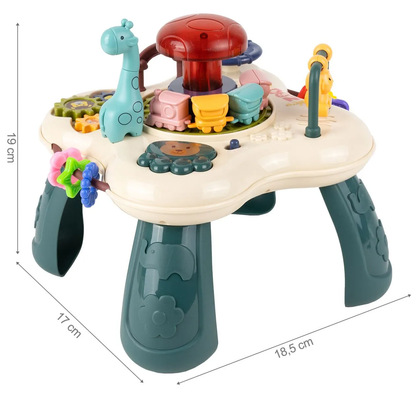 Masuta Educativa pentru Bebelusi 2in1 Happy Zoo idealSTORE, Include un Trenulet cu Vagoane, Animale Rotative, Volan, Panou Interactiv Detasabil, Accesorizat cu Efecte luminoase si Sonore, Elemente Mobile, Comutator ON/OFF