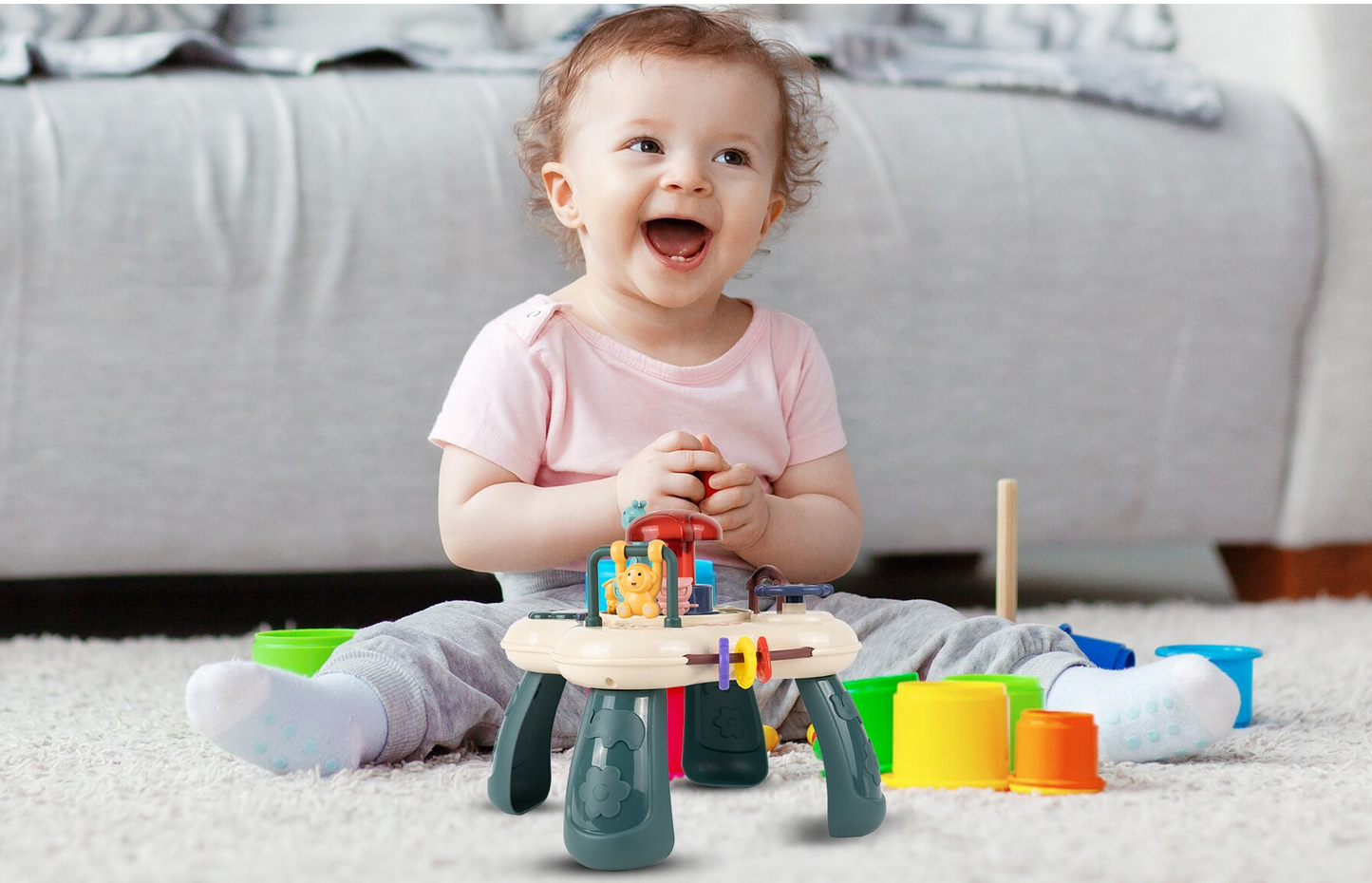 Masuta Educativa pentru Bebelusi 2in1 Happy Zoo idealSTORE, Include un Trenulet cu Vagoane, Animale Rotative, Volan, Panou Interactiv Detasabil, Accesorizat cu Efecte luminoase si Sonore, Elemente Mobile, Comutator ON/OFF