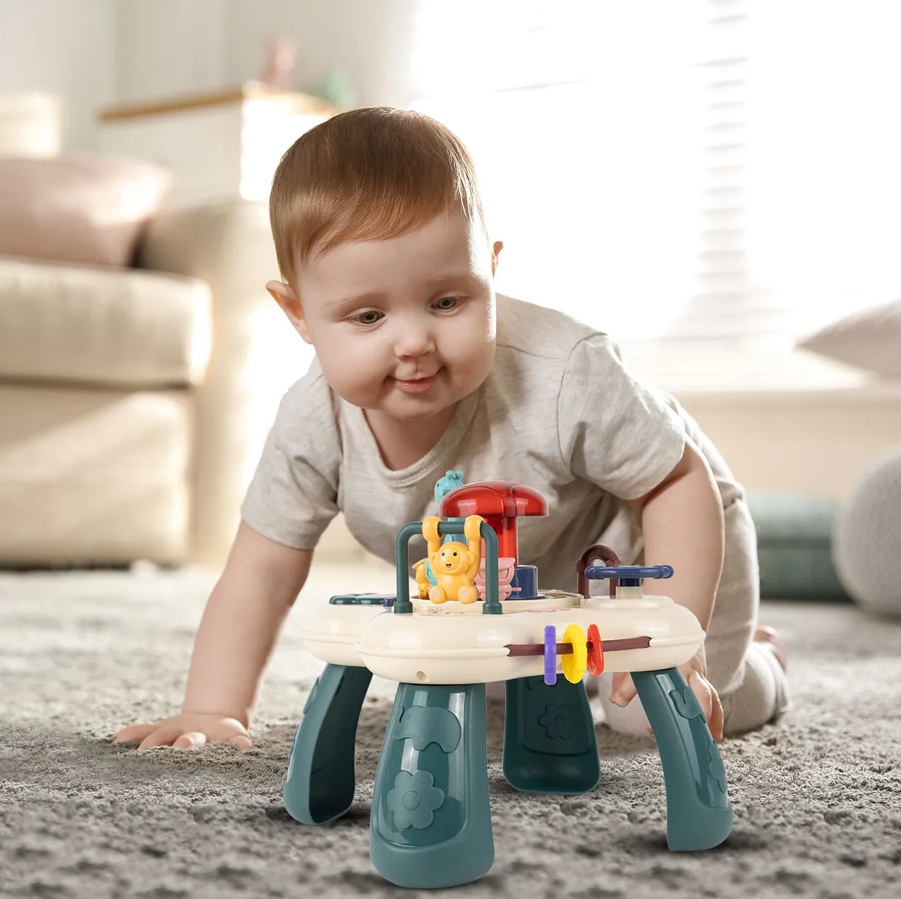 Masuta Educativa pentru Bebelusi 2in1 Happy Zoo idealSTORE, Include un Trenulet cu Vagoane, Animale Rotative, Volan, Panou Interactiv Detasabil, Accesorizat cu Efecte luminoase si Sonore, Elemente Mobile, Comutator ON/OFF