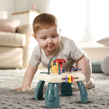 Masuta Educativa pentru Bebelusi 2in1 Happy Zoo idealSTORE, Include un Trenulet cu Vagoane, Animale Rotative, Volan, Panou Interactiv Detasabil, Accesorizat cu Efecte luminoase si Sonore, Elemente Mobile, Comutator ON/OFF