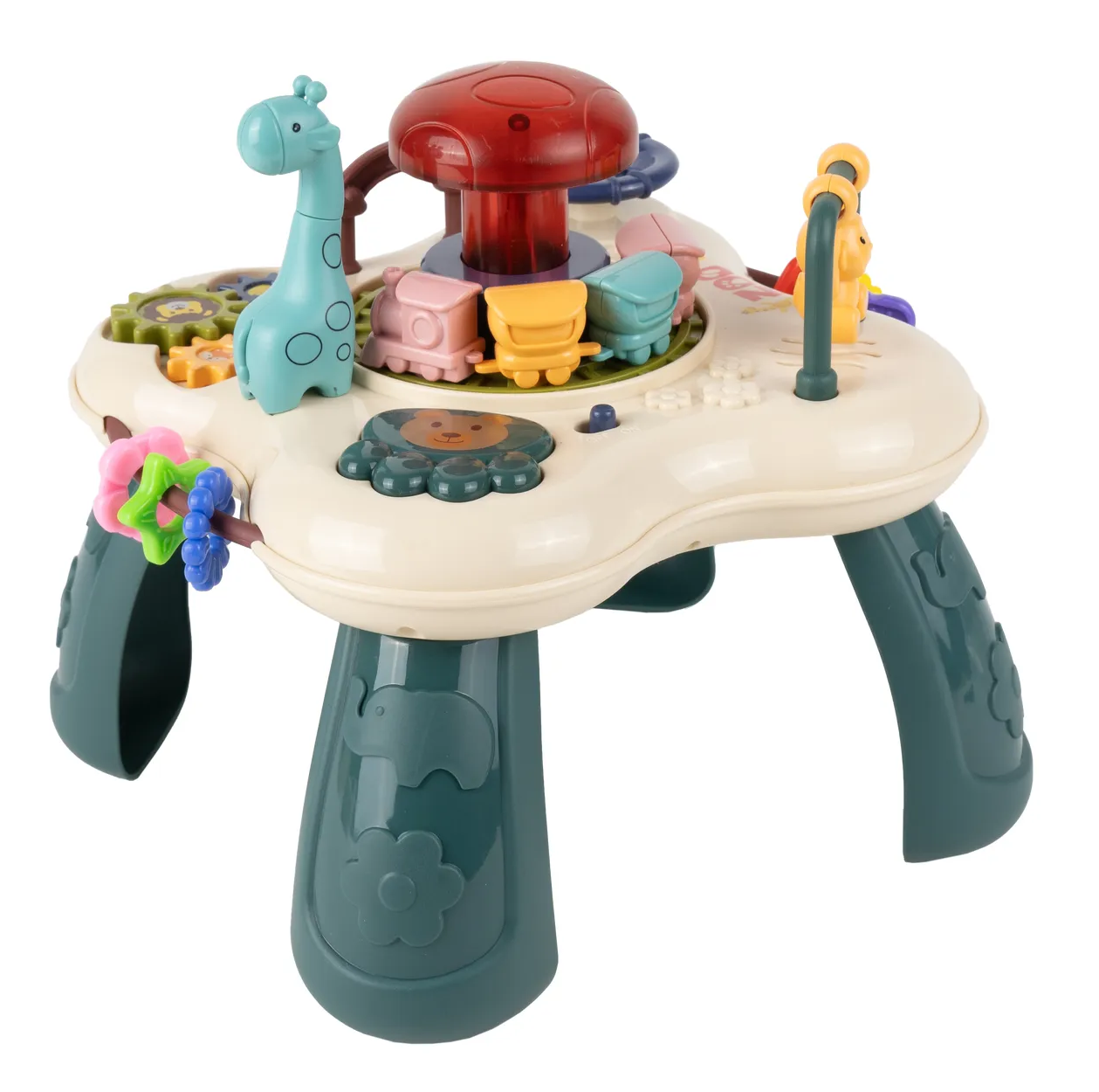 Masuta Educativa pentru Bebelusi 2in1 Happy Zoo idealSTORE, Include un Trenulet cu Vagoane, Animale Rotative, Volan, Panou Interactiv Detasabil, Accesorizat cu Efecte luminoase si Sonore, Elemente Mobile, Comutator ON/OFF