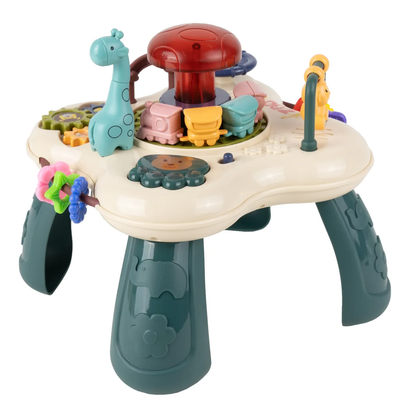 Masuta Educativa pentru Bebelusi 2in1 Happy Zoo idealSTORE, Include un Trenulet cu Vagoane, Animale Rotative, Volan, Panou Interactiv Detasabil, Accesorizat cu Efecte luminoase si Sonore, Elemente Mobile, Comutator ON/OFF