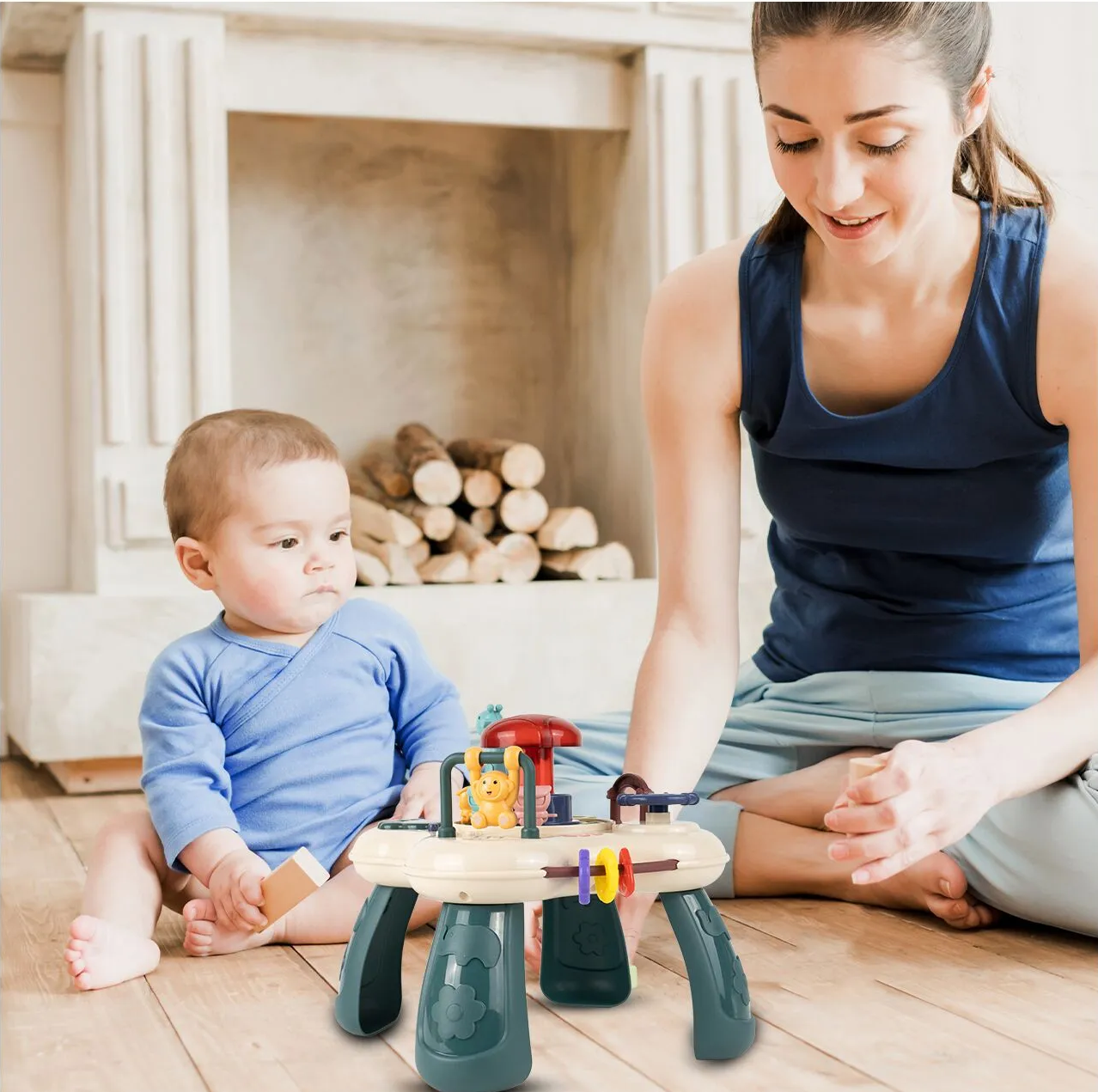 Masuta Educativa pentru Bebelusi 2in1 Happy Zoo idealSTORE, Include un Trenulet cu Vagoane, Animale Rotative, Volan, Panou Interactiv Detasabil, Accesorizat cu Efecte luminoase si Sonore, Elemente Mobile, Comutator ON/OFF