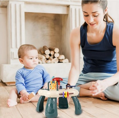 Masuta Educativa pentru Bebelusi 2in1 Happy Zoo idealSTORE, Include un Trenulet cu Vagoane, Animale Rotative, Volan, Panou Interactiv Detasabil, Accesorizat cu Efecte luminoase si Sonore, Elemente Mobile, Comutator ON/OFF