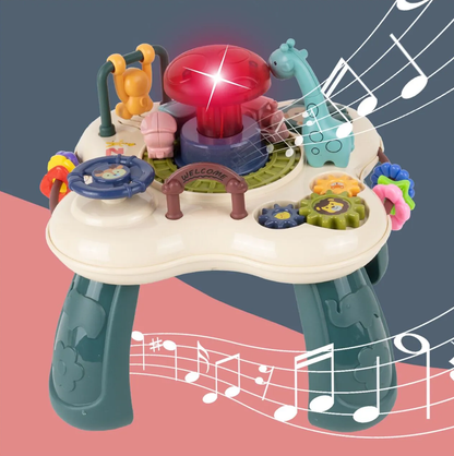 Masuta Educativa pentru Bebelusi 2in1 Happy Zoo idealSTORE, Include un Trenulet cu Vagoane, Animale Rotative, Volan, Panou Interactiv Detasabil, Accesorizat cu Efecte luminoase si Sonore, Elemente Mobile, Comutator ON/OFF