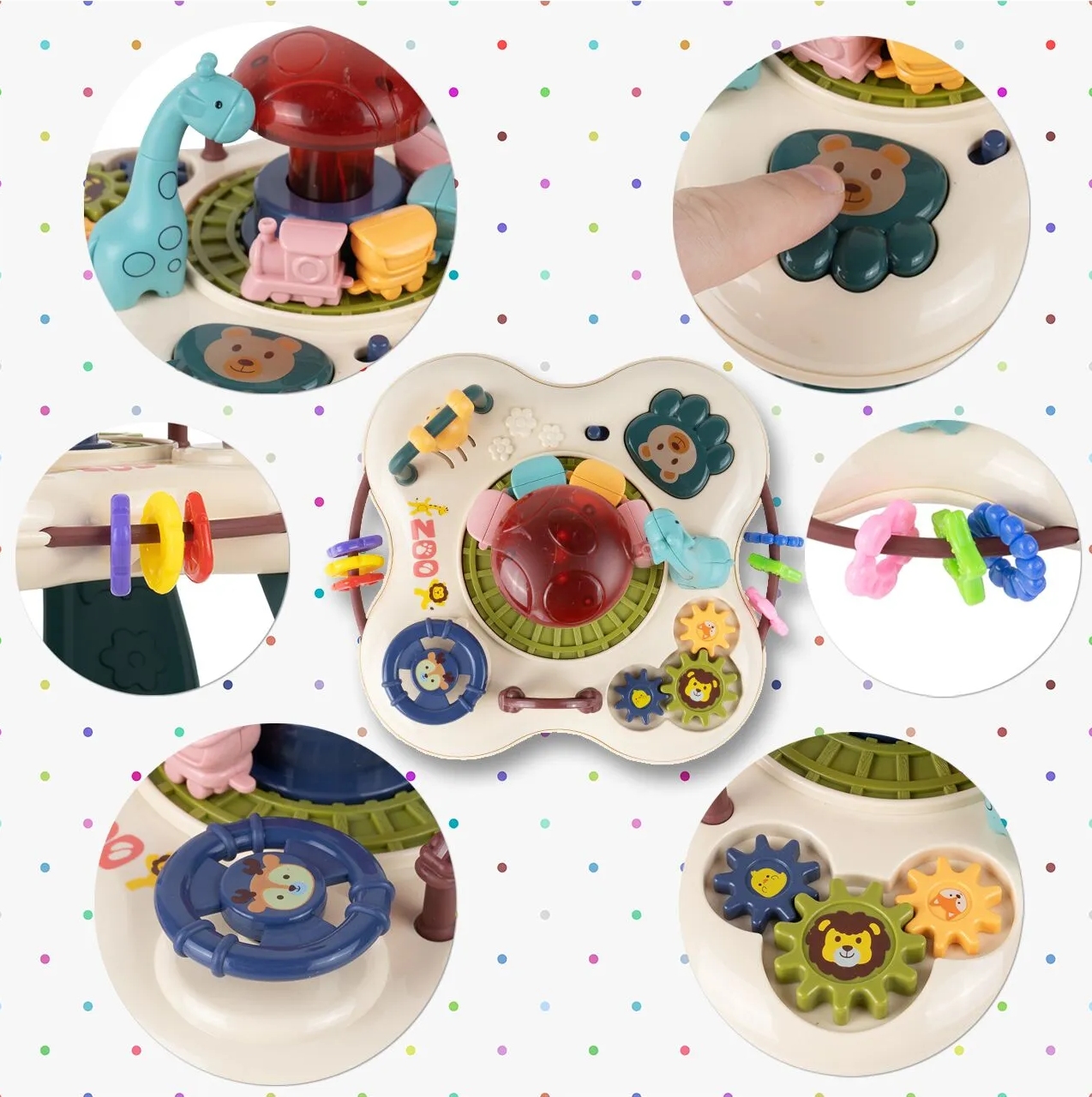 Masuta Educativa pentru Bebelusi 2in1 Happy Zoo idealSTORE, Include un Trenulet cu Vagoane, Animale Rotative, Volan, Panou Interactiv Detasabil, Accesorizat cu Efecte luminoase si Sonore, Elemente Mobile, Comutator ON/OFF