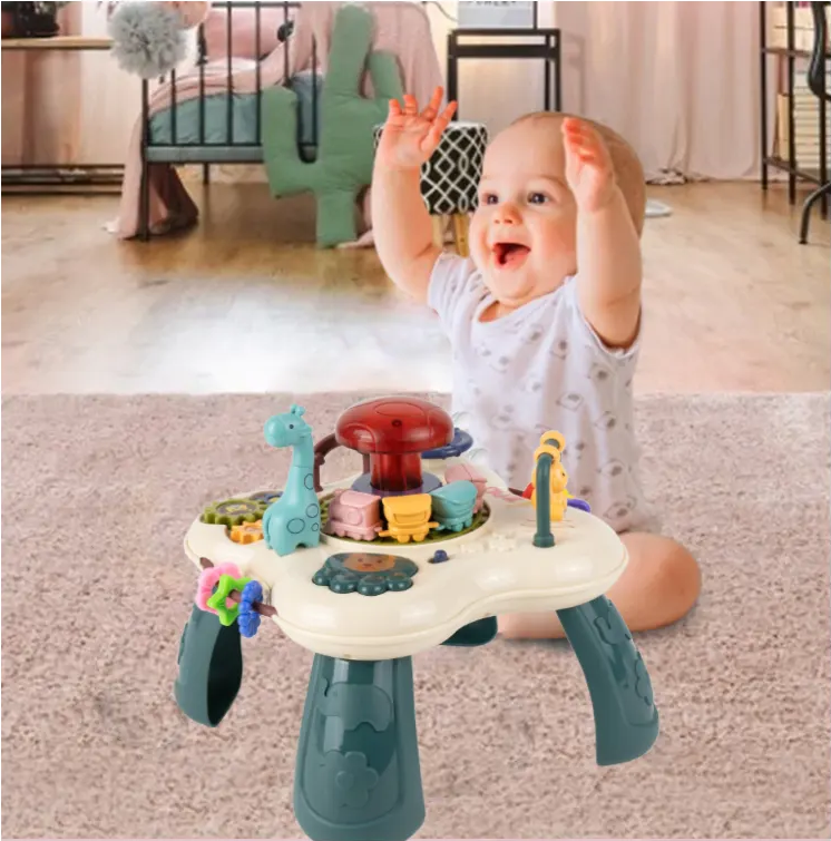 Masuta Educativa pentru Bebelusi 2in1 Happy Zoo idealSTORE, Include un Trenulet cu Vagoane, Animale Rotative, Volan, Panou Interactiv Detasabil, Accesorizat cu Efecte luminoase si Sonore, Elemente Mobile, Comutator ON/OFF