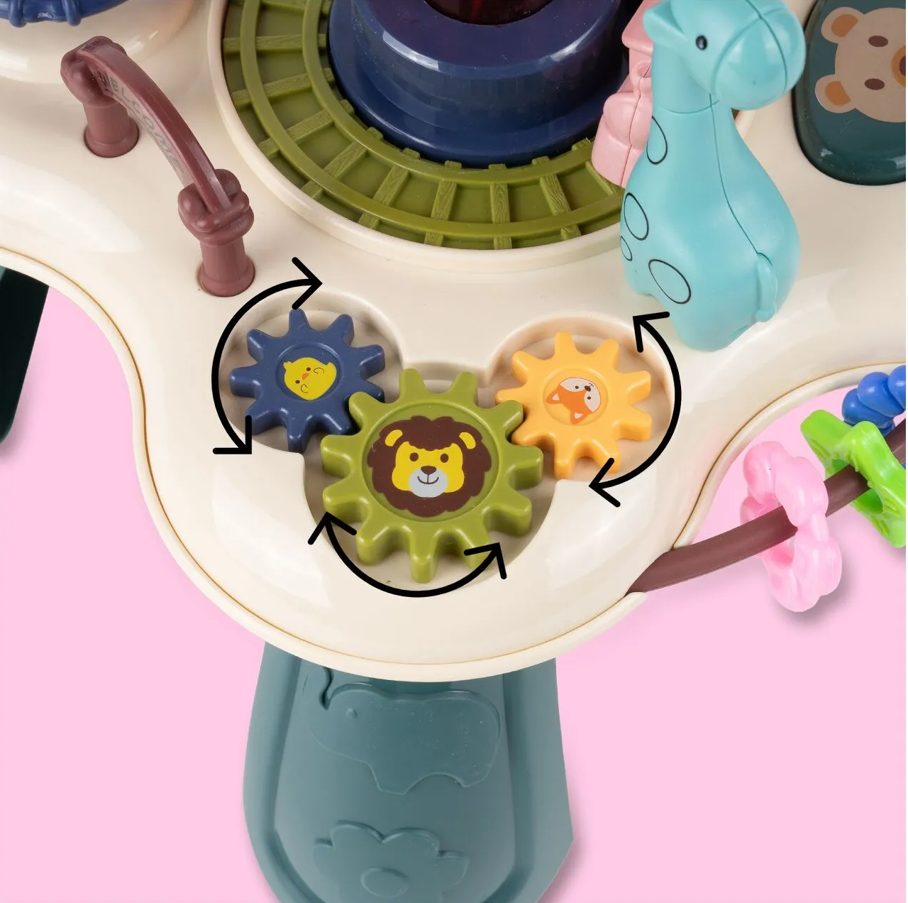 Masuta Educativa pentru Bebelusi 2in1 Happy Zoo idealSTORE, Include un Trenulet cu Vagoane, Animale Rotative, Volan, Panou Interactiv Detasabil, Accesorizat cu Efecte luminoase si Sonore, Elemente Mobile, Comutator ON/OFF