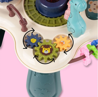 Masuta Educativa pentru Bebelusi 2in1 Happy Zoo idealSTORE, Include un Trenulet cu Vagoane, Animale Rotative, Volan, Panou Interactiv Detasabil, Accesorizat cu Efecte luminoase si Sonore, Elemente Mobile, Comutator ON/OFF