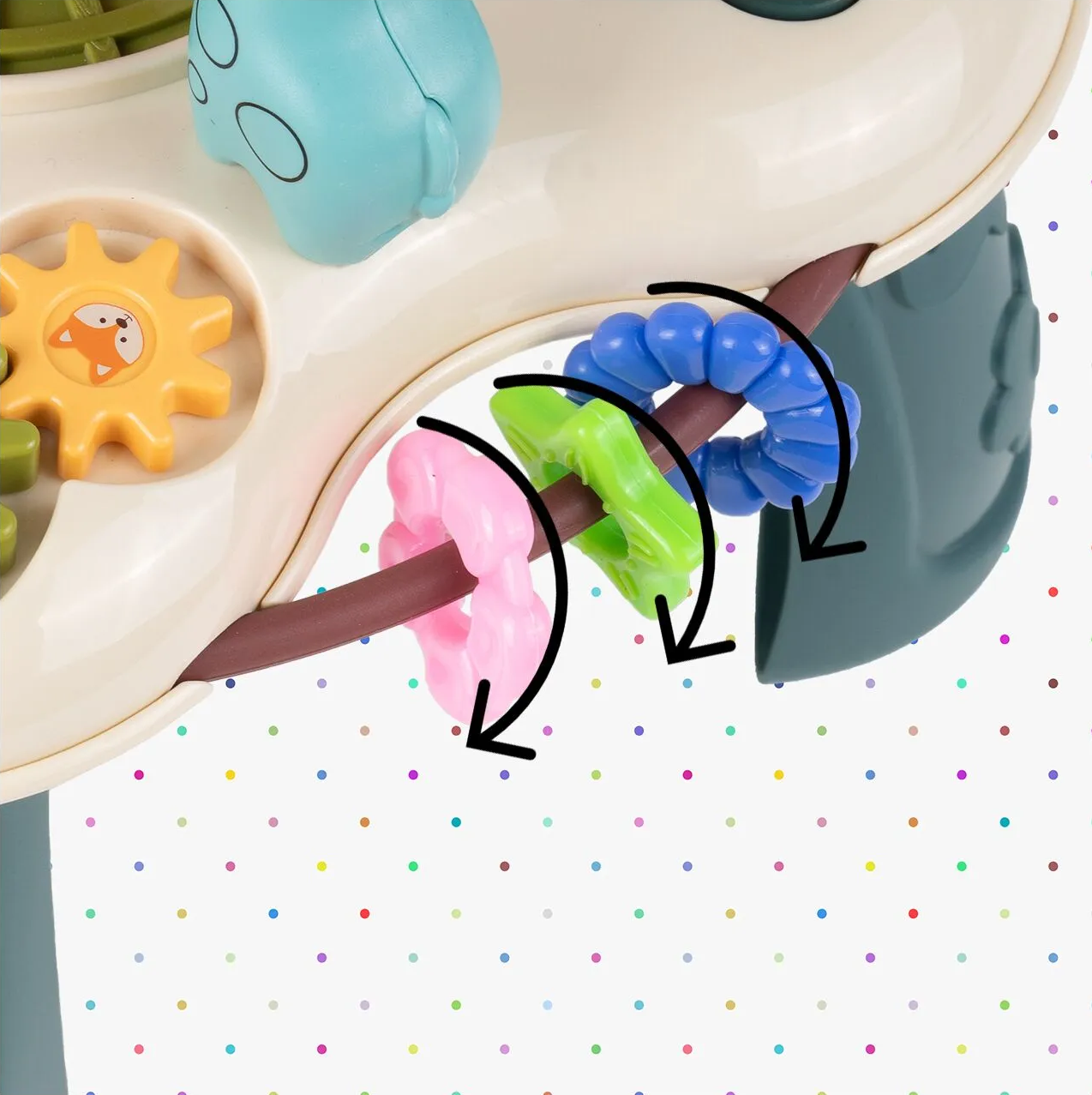 Masuta Educativa pentru Bebelusi 2in1 Happy Zoo idealSTORE, Include un Trenulet cu Vagoane, Animale Rotative, Volan, Panou Interactiv Detasabil, Accesorizat cu Efecte luminoase si Sonore, Elemente Mobile, Comutator ON/OFF