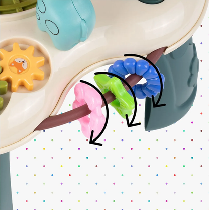 Masuta Educativa pentru Bebelusi 2in1 Happy Zoo idealSTORE, Include un Trenulet cu Vagoane, Animale Rotative, Volan, Panou Interactiv Detasabil, Accesorizat cu Efecte luminoase si Sonore, Elemente Mobile, Comutator ON/OFF