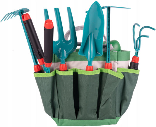 Set de Gradina Pentru Copii idealSTORE Little Gardener, Include 9 Accesorii de Gradinarit, Foarfeca, Sapa, Grebla, Manusi, Cultivator, Geanta pentru Depozitare Cadou, Dezvolta Abilitatile Manuale, Imaginatia, Creativitatea