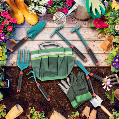 Set de Gradina Pentru Copii idealSTORE Little Gardener, Include 9 Accesorii de Gradinarit, Foarfeca, Sapa, Grebla, Manusi, Cultivator, Geanta pentru Depozitare Cadou, Dezvolta Abilitatile Manuale, Imaginatia, Creativitatea