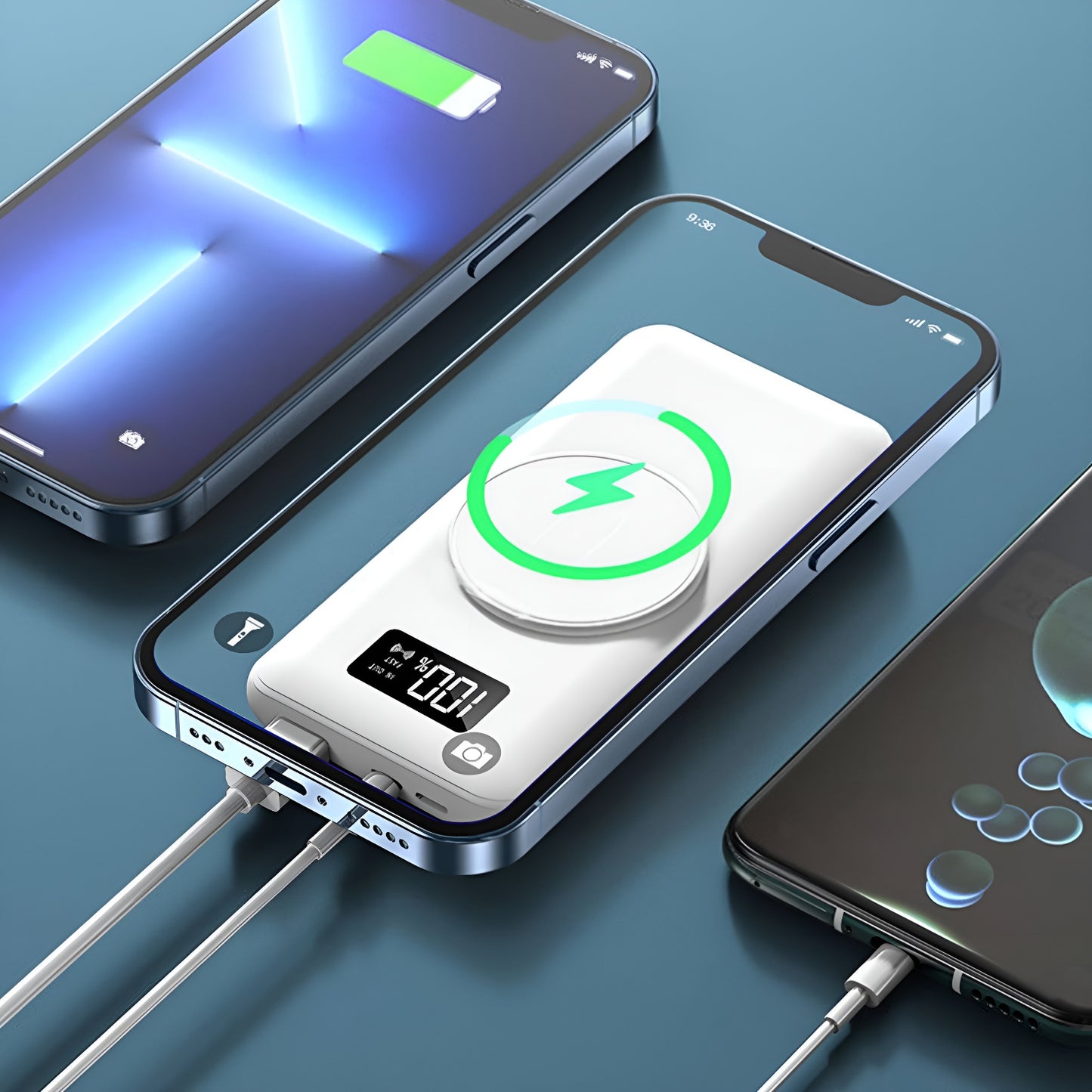 Baterie externa Portable Power Bank IdealStore, Capacitate 10.000 mAh, Display LED, 1 Iesiri USB, 2 Iesire type-C, Incarcare rapida, Incarcare wireless, Tensiune iesire 5V-2A, White Edition Power