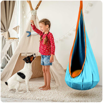 Hamac copii The Raven's Nest tip cocon idealSTORE, Dimensiune 140x55 cm, Material solid, Include perna, Suport de suspendare, Ideal pentru terasa si gradina, Sarcina max 80 kg