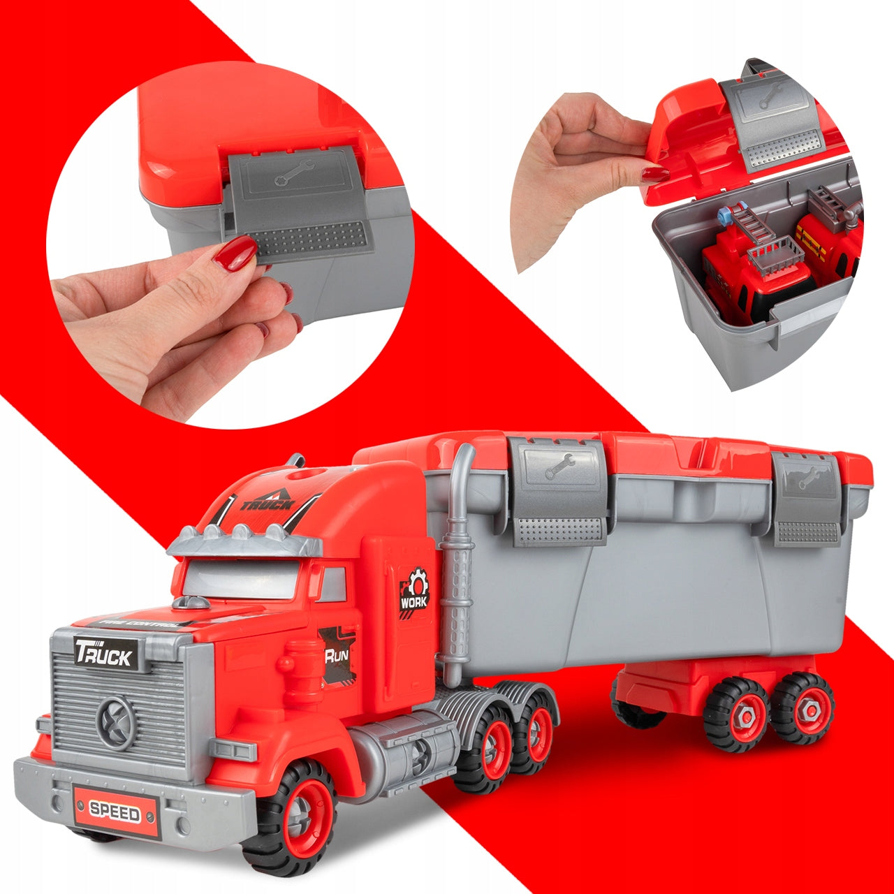Camion de Pompieri 3in1 idealSTORE cu 3 Autospeciale de Pompieri si Set de Scule, Plastic ABS, Elemente Demontabile, Remorca Detasabila, Calitate Superioara