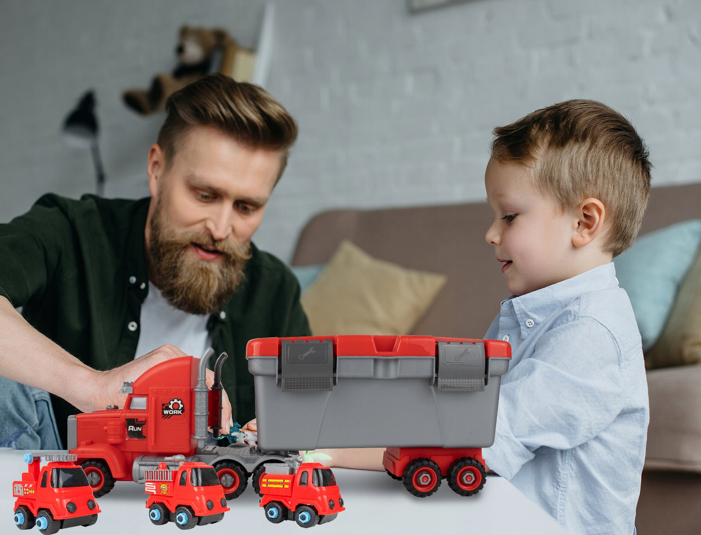 Camion de Pompieri 3in1 idealSTORE cu 3 Autospeciale de Pompieri si Set de Scule, Plastic ABS, Elemente Demontabile, Remorca Detasabila, Calitate Superioara