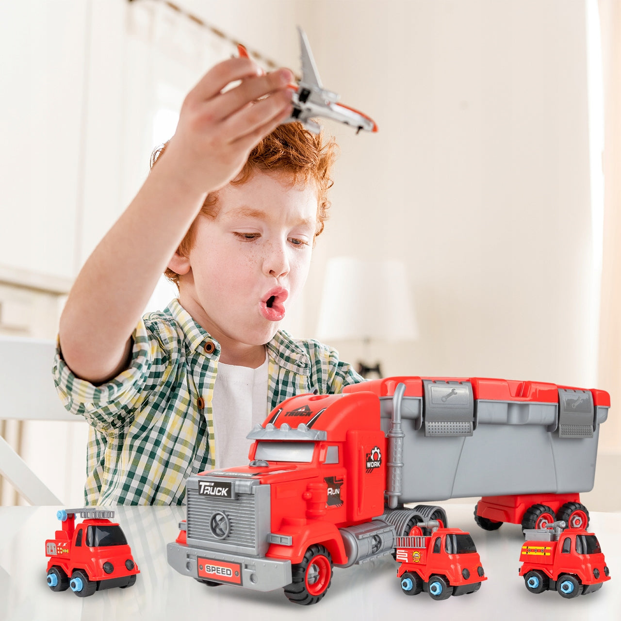 Camion de Pompieri 3in1 idealSTORE cu 3 Autospeciale de Pompieri si Set de Scule, Plastic ABS, Elemente Demontabile, Remorca Detasabila, Calitate Superioara