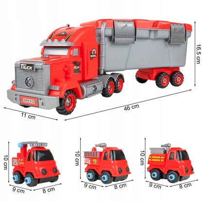 Camion de Pompieri 3in1 idealSTORE cu 3 Autospeciale de Pompieri si Set de Scule, Plastic ABS, Elemente Demontabile, Remorca Detasabila, Calitate Superioara