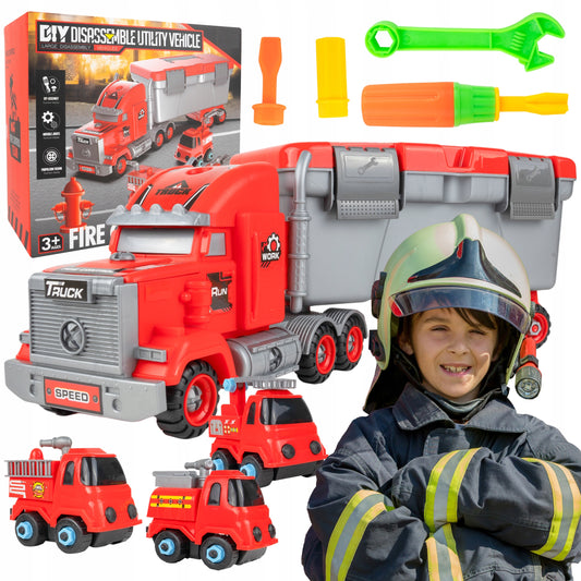 Camion de Pompieri 3in1 idealSTORE cu 3 Autospeciale de Pompieri si Set de Scule, Plastic ABS, Elemente Demontabile, Remorca Detasabila, Calitate Superioara