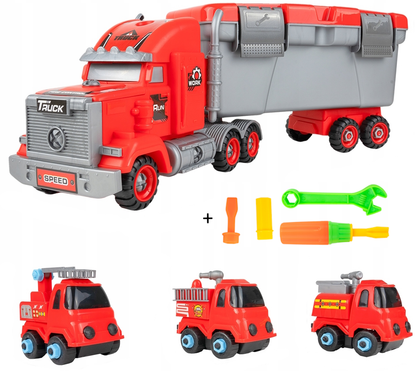 Camion de Pompieri 3in1 idealSTORE cu 3 Autospeciale de Pompieri si Set de Scule, Plastic ABS, Elemente Demontabile, Remorca Detasabila, Calitate Superioara