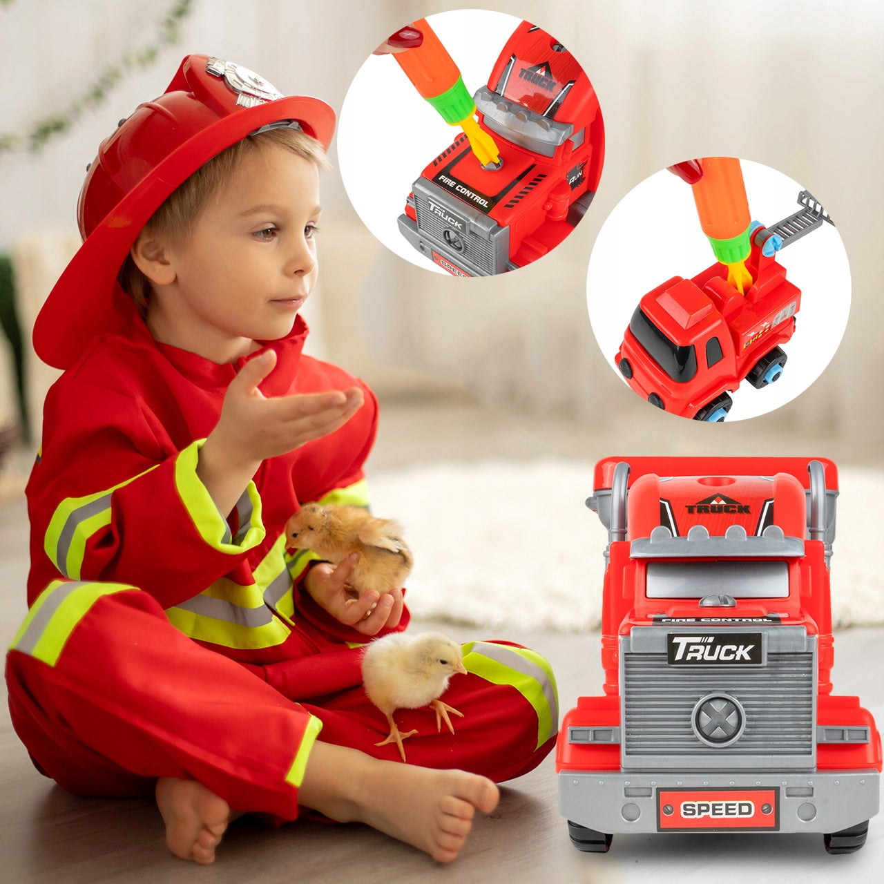 Camion de Pompieri 3in1 idealSTORE cu 3 Autospeciale de Pompieri si Set de Scule, Plastic ABS, Elemente Demontabile, Remorca Detasabila, Calitate Superioara